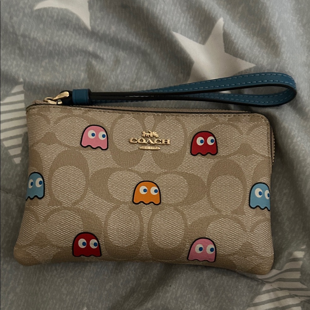 Coach Tan Wristlet with Colorful Pac-Man Motif